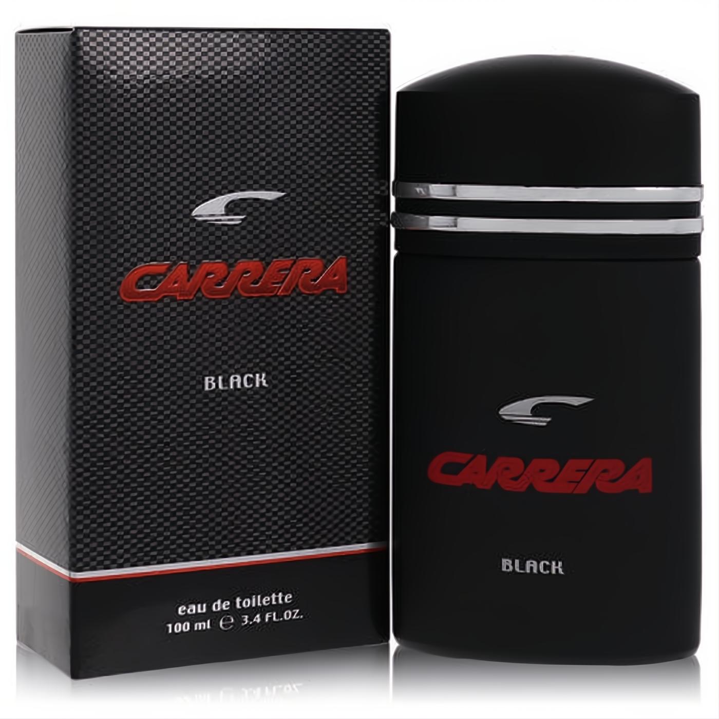 Carrera Black 3.4 oz men's EDT spray: sleek black bottle with red logo, next to its textured carbon-look box.