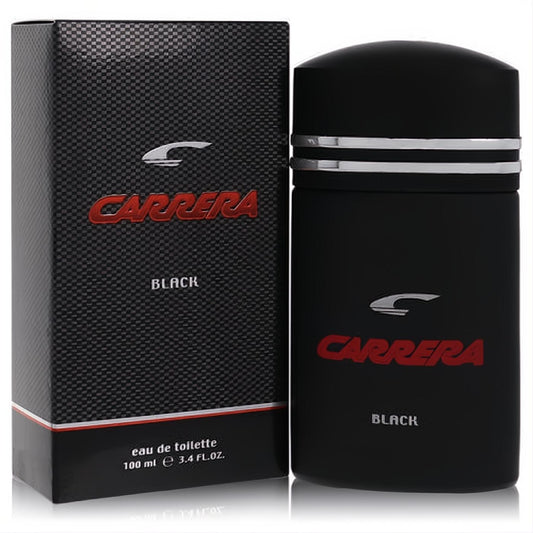 Carrera Black 3.4 oz men's EDT spray: sleek black bottle with red logo, next to its textured carbon-look box.