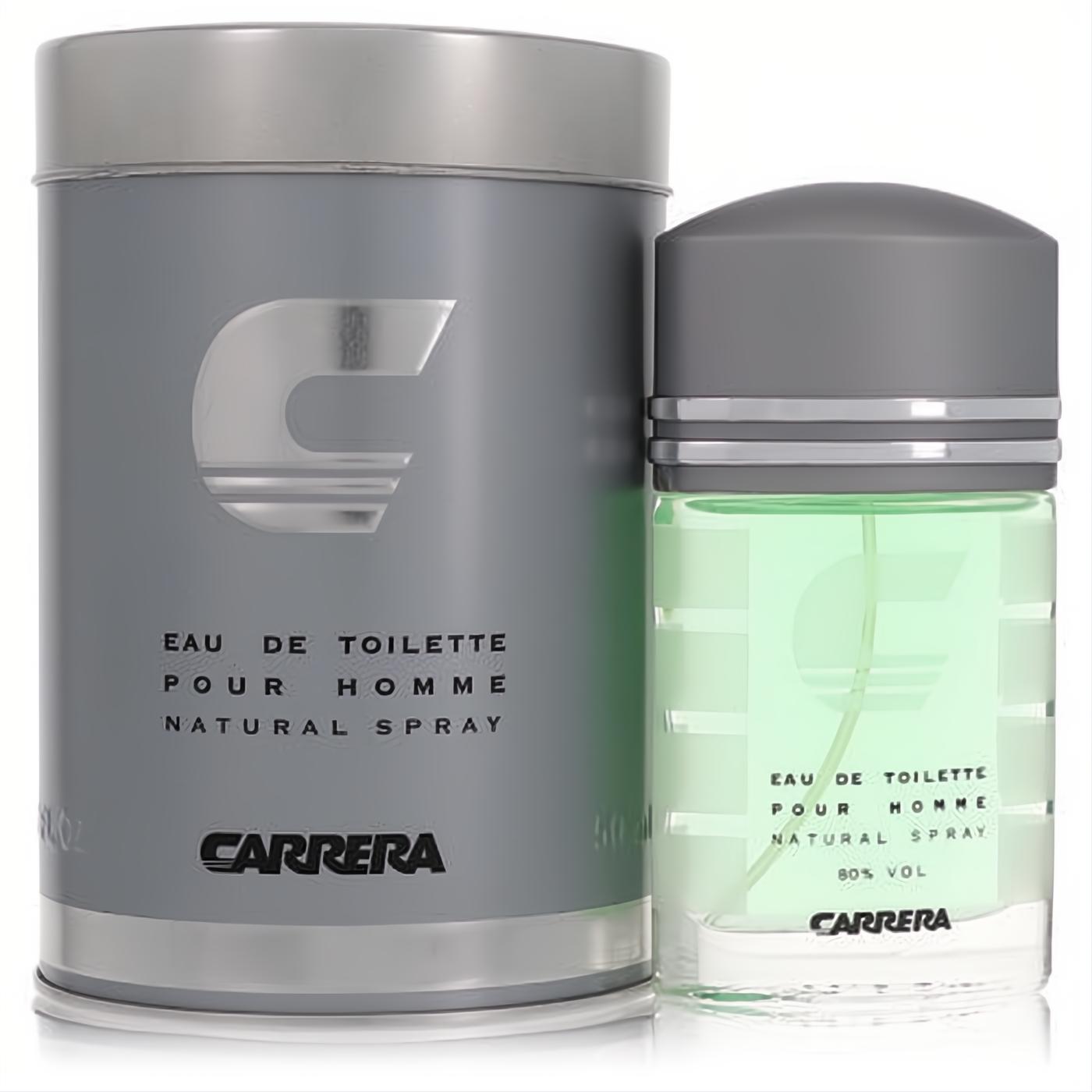 Carrera by Muelhens 1.7 oz men's EDT. Modern gray tin with silver 'C' logo and clear bottle with invigorating green scent.