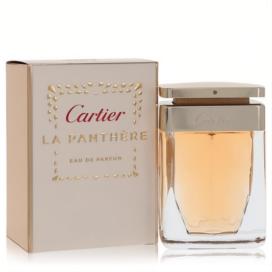 Cartier La Panthere 1.7 oz EDP spray. Elegant faceted glass bottle with amber liquid, gold cap, and chic cream box.
