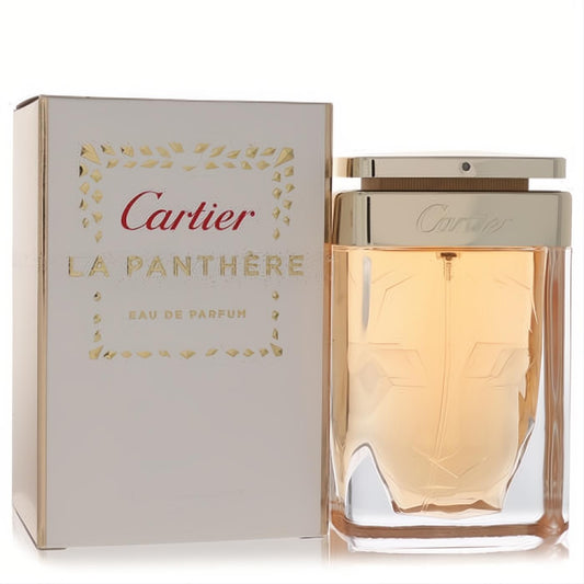 Cartier La Panthere 2.5 oz EDP for women. Iconic clear glass bottle with sculpted panther face, golden cap, and elegant white & gold box.