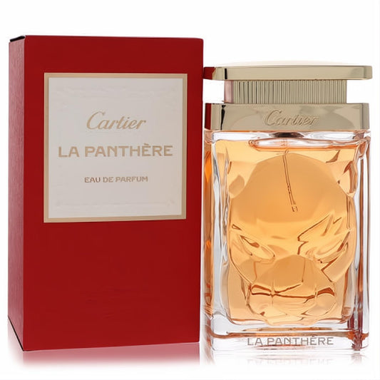 Cartier La Panthere 3.3 oz EDP for women. Elegant red box, clear bottle with iconic sculpted panther head and gold cap.