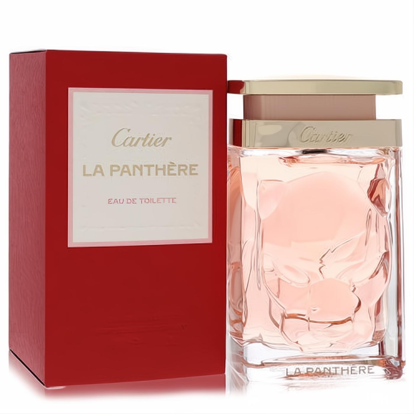 Luxurious Cartier La Panthere 3.3 oz EDT for women. Pink liquid in a sculpted glass panther bottle with gold cap, next to its red box.**
