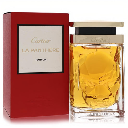 Cartier La Panthere Parfum spray. Golden liquid in a clear, faceted bottle with a sculpted panther face, gold cap, and signature red box.