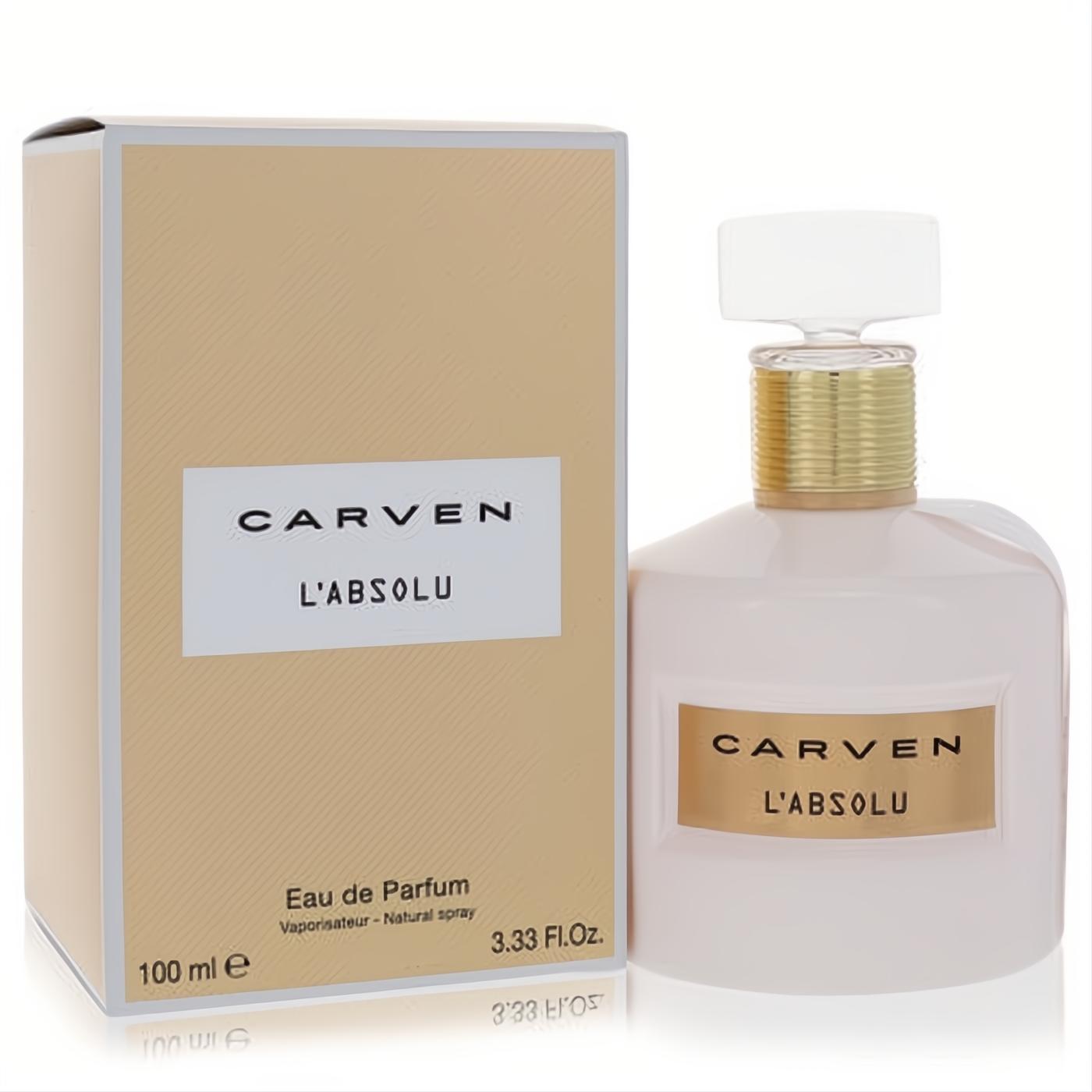 Luxurious Carven L'absolu 3.3 oz Eau de Parfum. Pale pink bottle with gold label, white cap, and matching box.