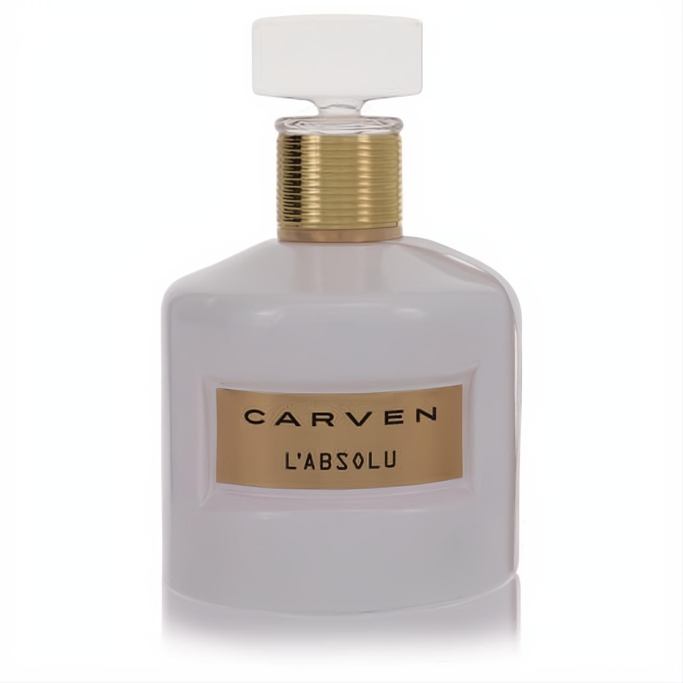 Elegant Carven L'absolu 3.3 oz women's fragrance in a white glass bottle with gold accents and a clear cap.