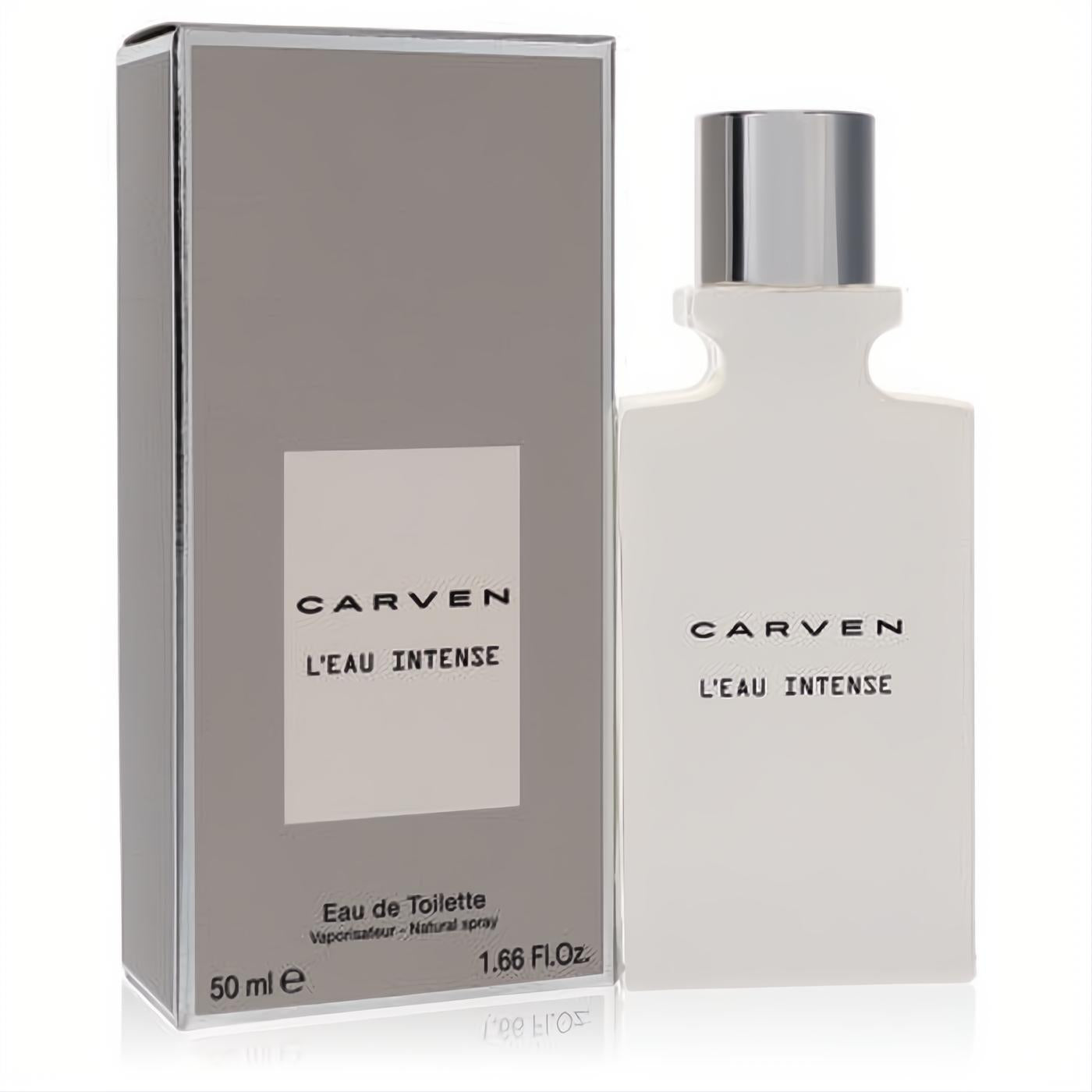 Sophisticated Carven L'eau Intense 1.7 oz men's EDT. Features a sleek white bottle with a silver cap and a modern grey box.