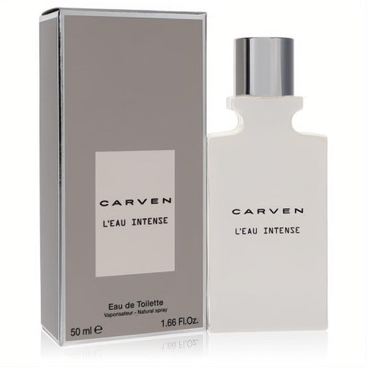 Sophisticated Carven L'eau Intense 1.7 oz men's EDT. Features a sleek white bottle with a silver cap and a modern grey box.