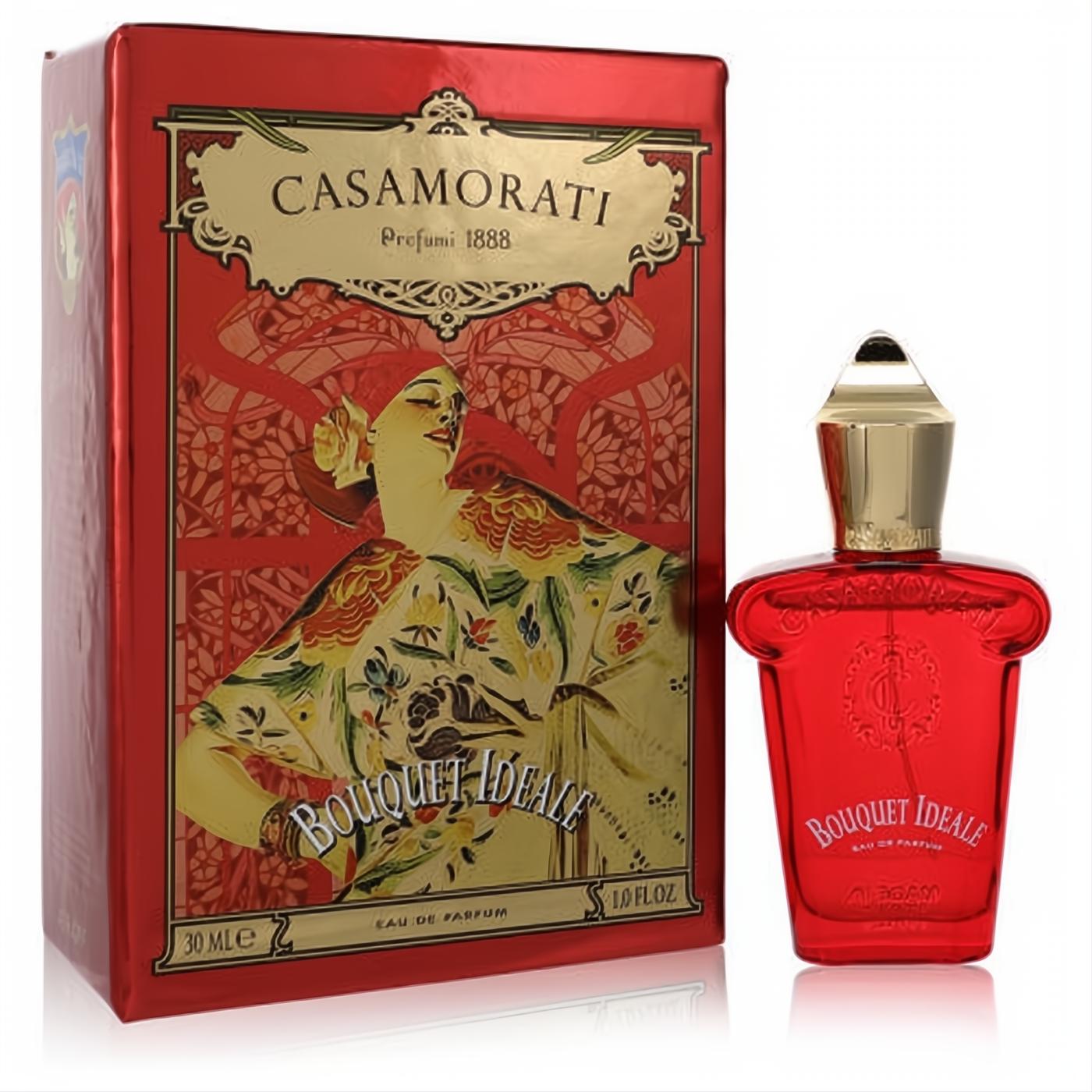 Luxurious Casamorati Bouquet Ideale 1 oz perfume. Red box with vintage art and elegant red glass bottle with gold cap.