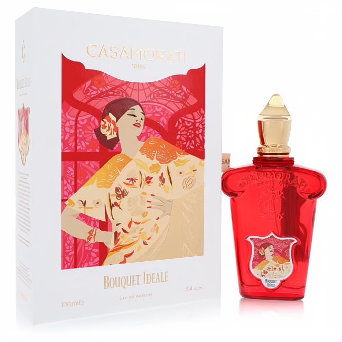 Casamorati 1888 Bouquet Ideale EDP: vibrant red glass bottle, ornate gold cap, and elegant white box with classic woman art.