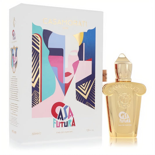Exquisite Casamorati Casafutura 1.0 oz gold EDP bottle with ornate cap and stunning art deco box.