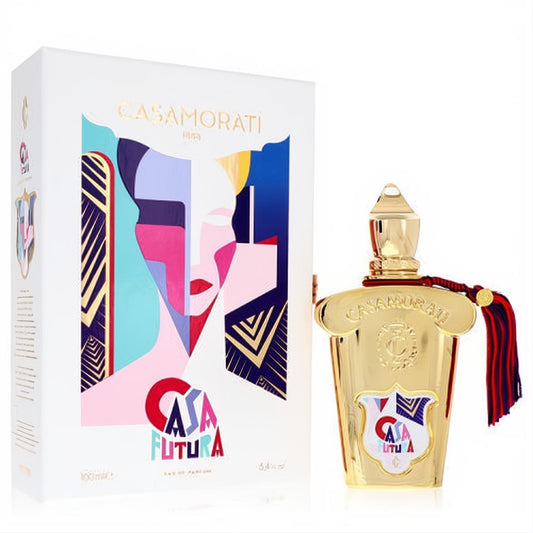 Experience Casamorati 1888 Casafutura Xerjoff 3.4 oz EDP. Exquisite gold bottle, colorful tassel, and vibrant art deco box.