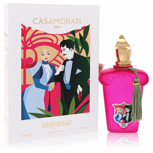 Sumptuous Casamorati 1888 Gran Ballo 3.4 oz EDP. Vibrant pink frosted bottle, gold cap, green tassel, and elegant white box.