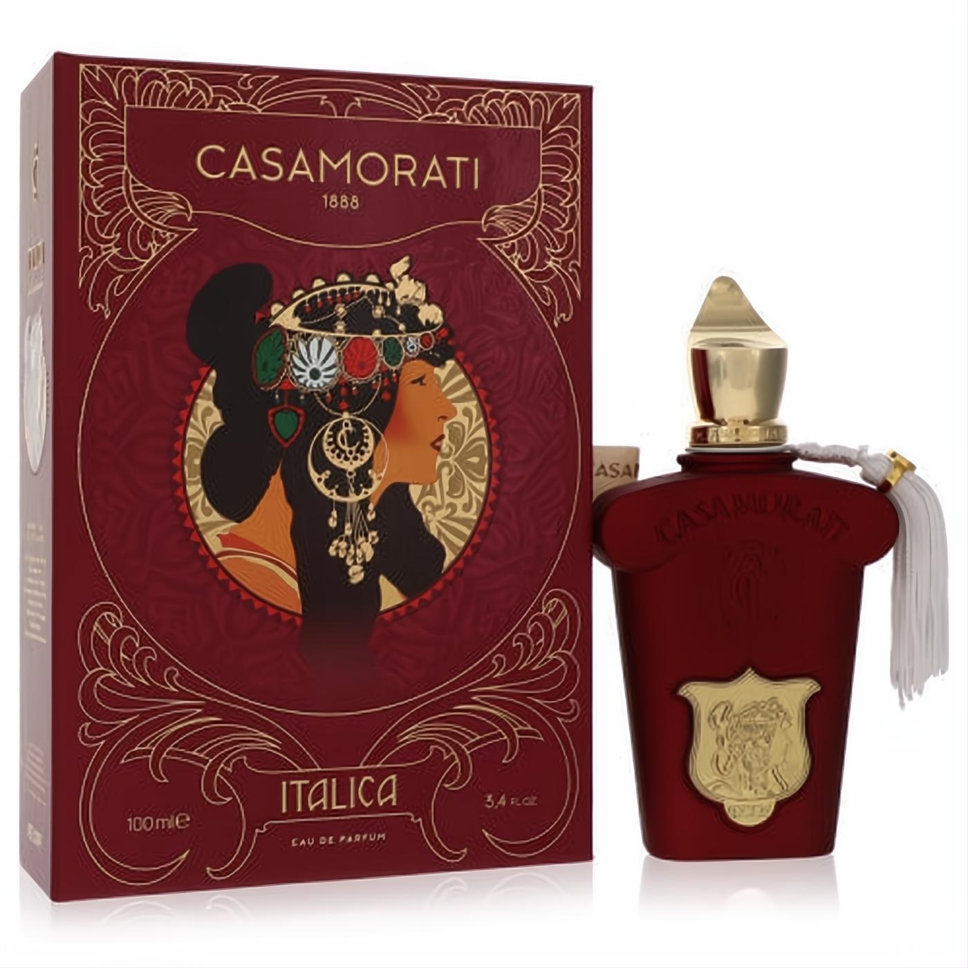Unisex Casamorati 1888 Italica 3.4 oz EDP. Opulent deep red bottle with gold cap, crest, and tassel, presented with its vintage-inspired ornate box.