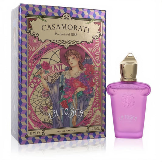 Exquisite Casamorati La Tosca 1 oz EDP. Features a frosted purple bottle with a luxurious gold cap, next to its ornate, vintage-art box.