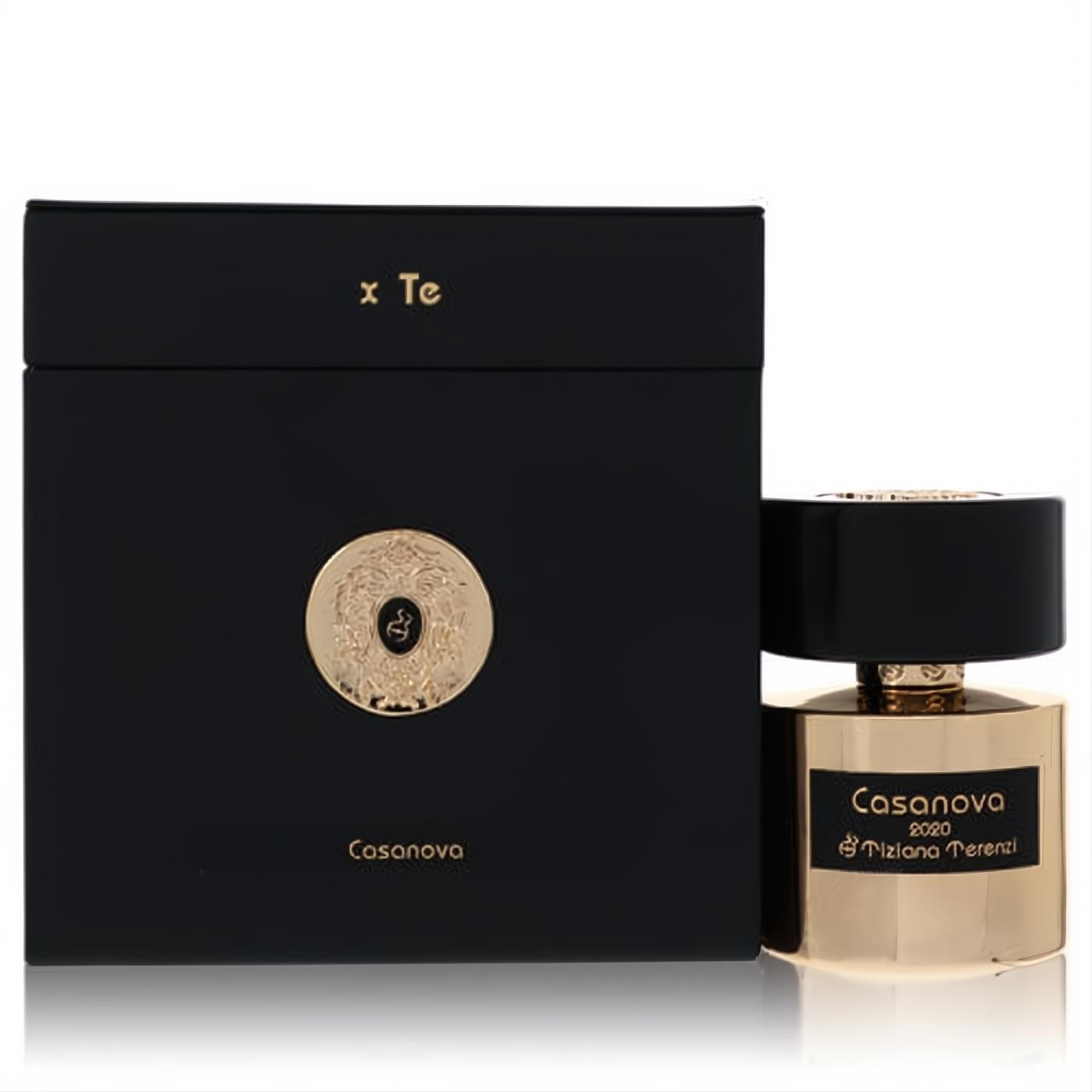 Casanova by Tiziana Terenzi 3.38 oz unisex perfume: a radiant gold bottle with black label, next to its luxurious black and gold box.