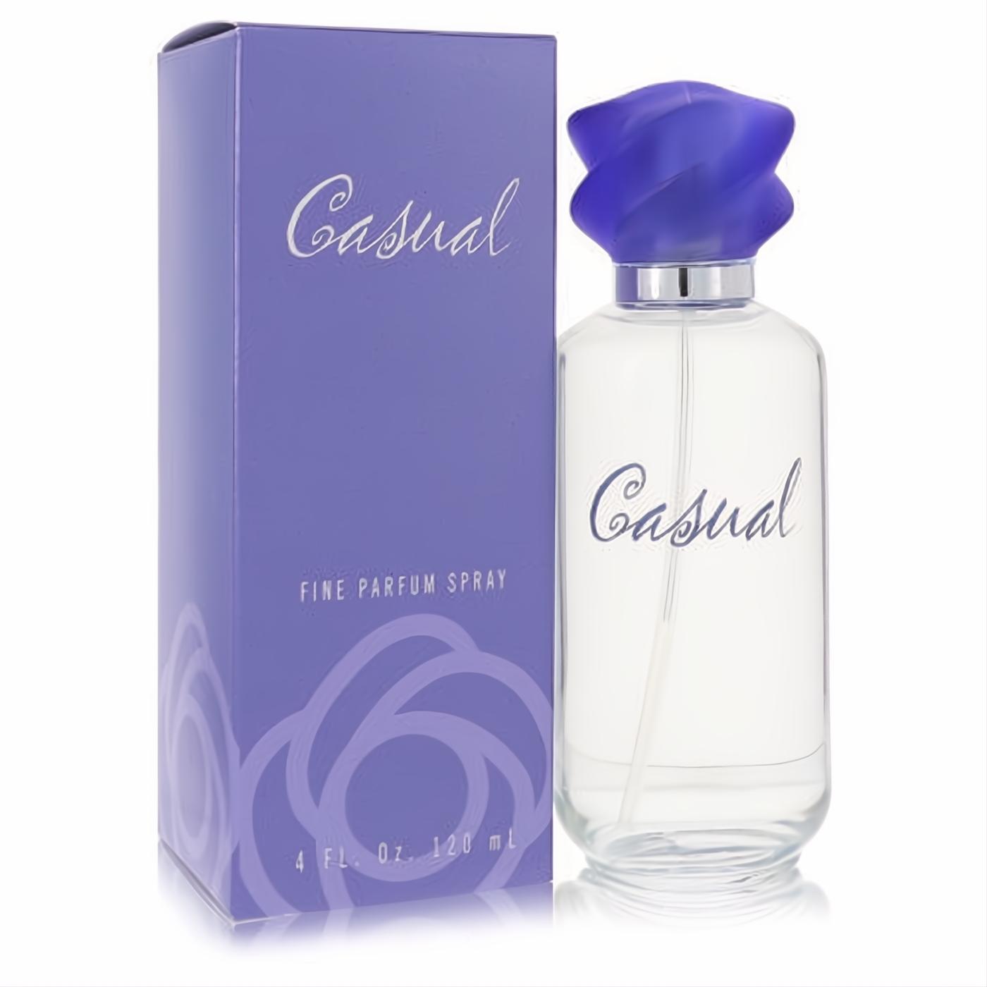 Captivating Casual by Paul Sebastian 4 oz Fine Parfum Spray. Clear bottle, distinctive twisted lavender cap, and elegant floral purple box.