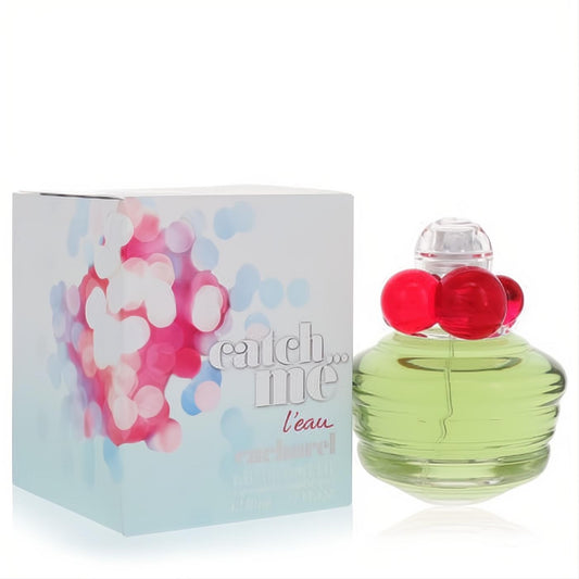 Catch ME L'eau 2.7 oz women's EDT. Charming green glass bottle with playful red baubles, presented with its colorful box.