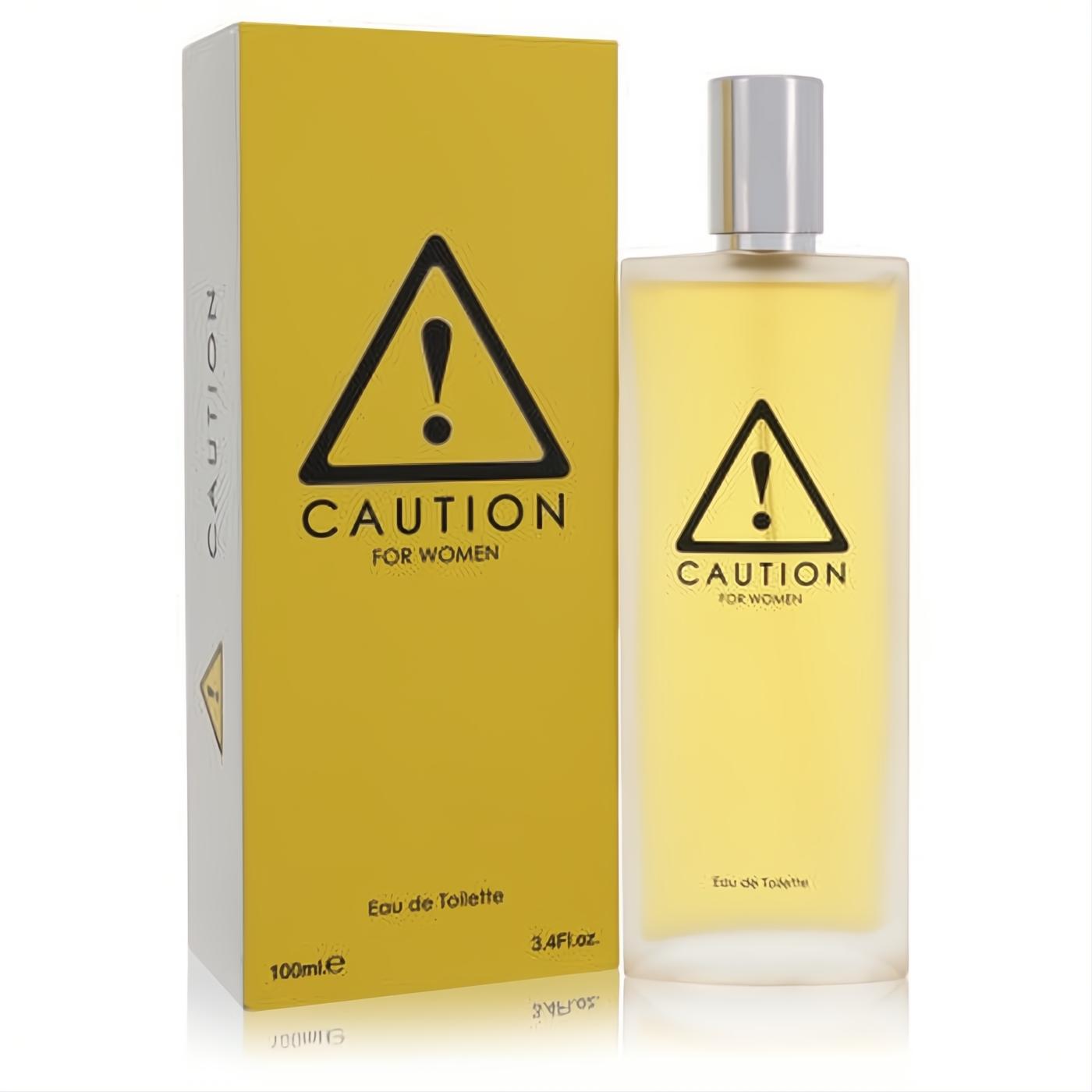 Bold Caution by KraftEau 3.4 oz women's EDT. Vibrant yellow box and frosted glass bottle with a striking black warning triangle design.