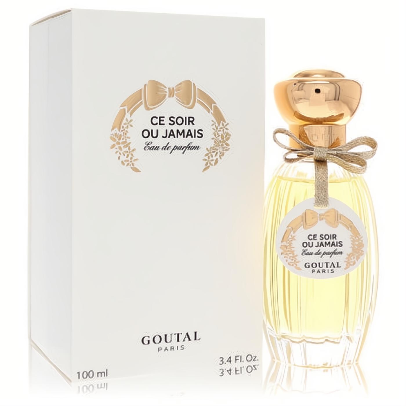 Luxurious Annick Goutal Ce Soir Ou Jamais 3.4 oz EDP. Elegant bottle with gold cap, ribbon, and white box with gold bow design.