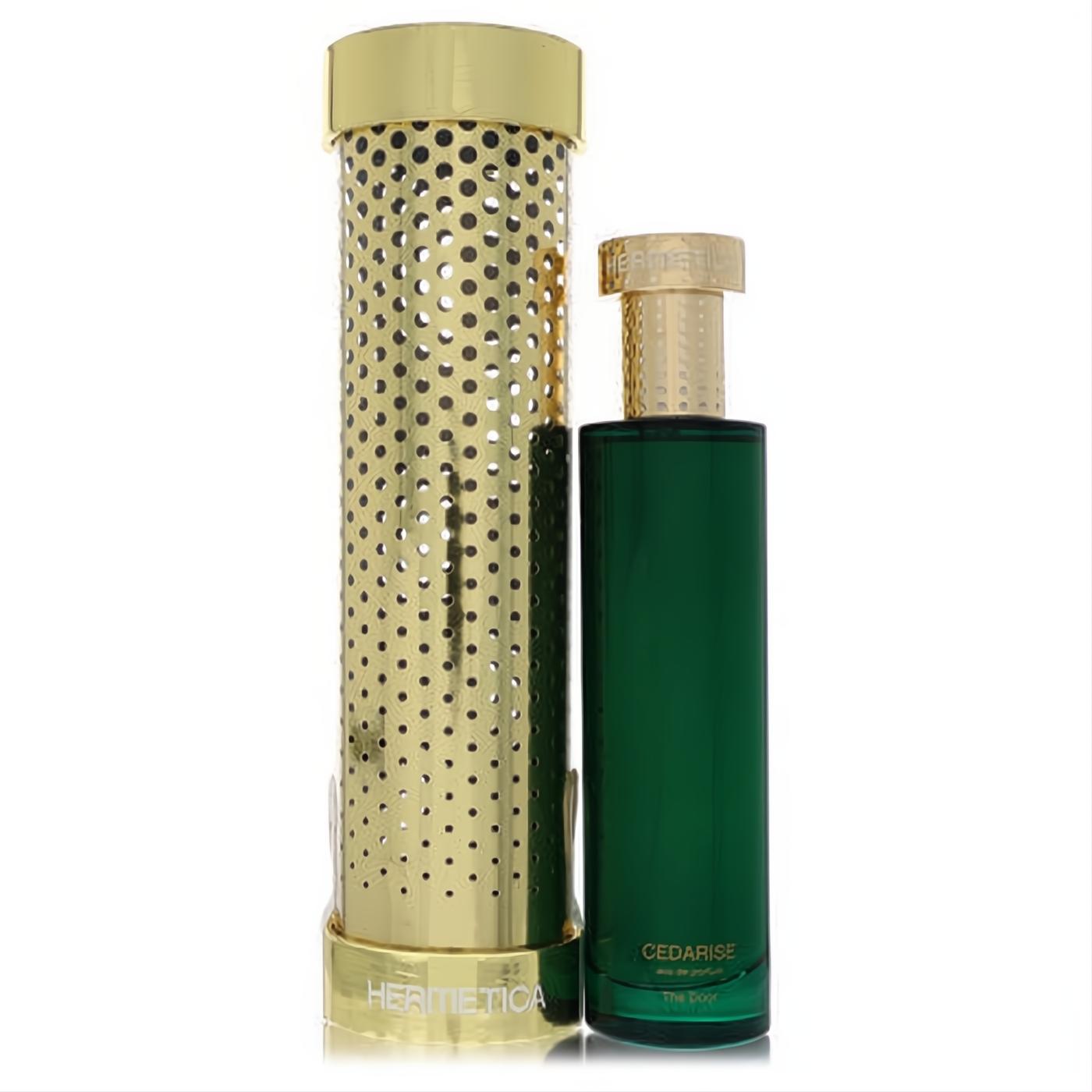 Elegant Hermetica Cedarise 3.4 oz unisex EDP spray, dark green bottle with a distinctive gold perforated metal case.