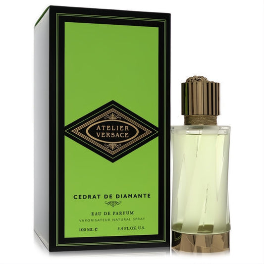 Versace Cedrat De Diamante 3.4 oz EDP. Elegant faceted glass bottle with gold cap & base, beside its vibrant lime green box with Atelier Versace logo.