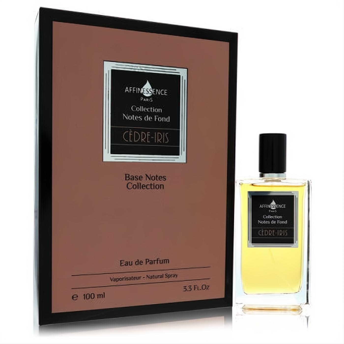 Sophisticated Cedre Iris Affinessence 3.3 oz EDP in a sleek clear bottle with black cap, next to its elegant brown box.