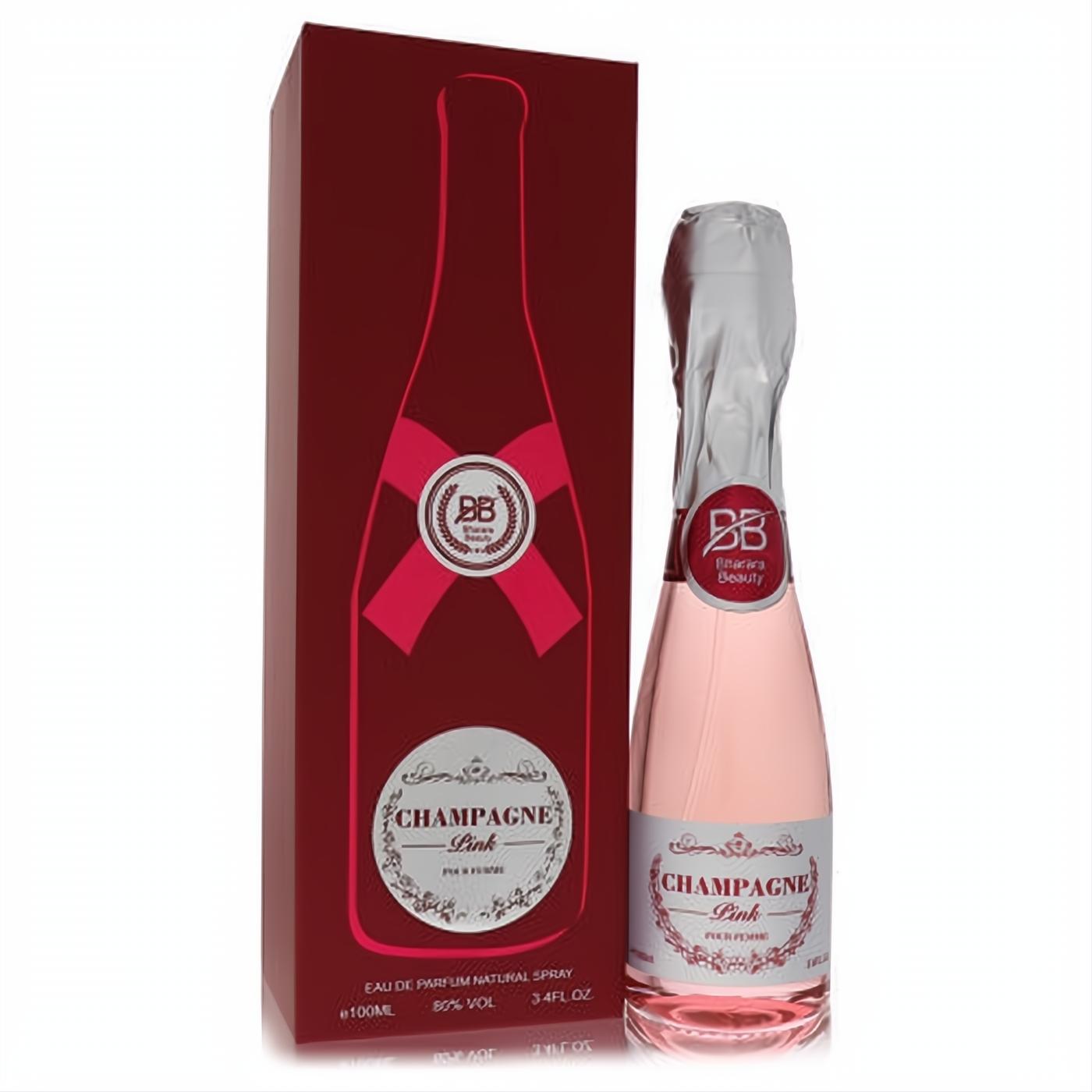 Luxurious Bharara Beauty Champagne Pink EDP spray for women. 3.4 oz pink champagne bottle with silver foil and a red gift box.