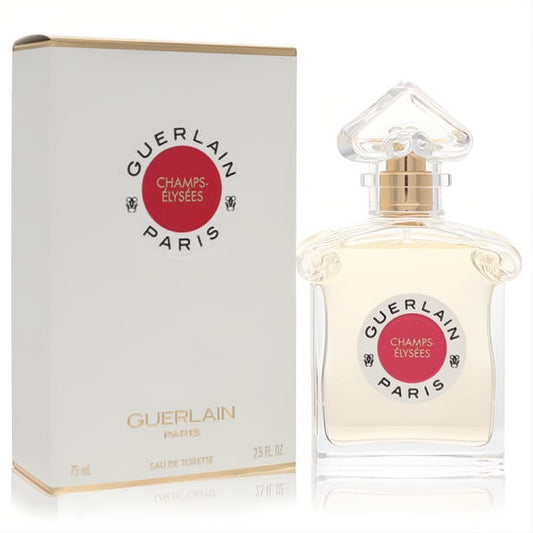 Elegant Guerlain Champs Elysees EDT 2.5 oz spray. Clear glass bottle with faceted cap, iconic red logo, and luxurious white box.