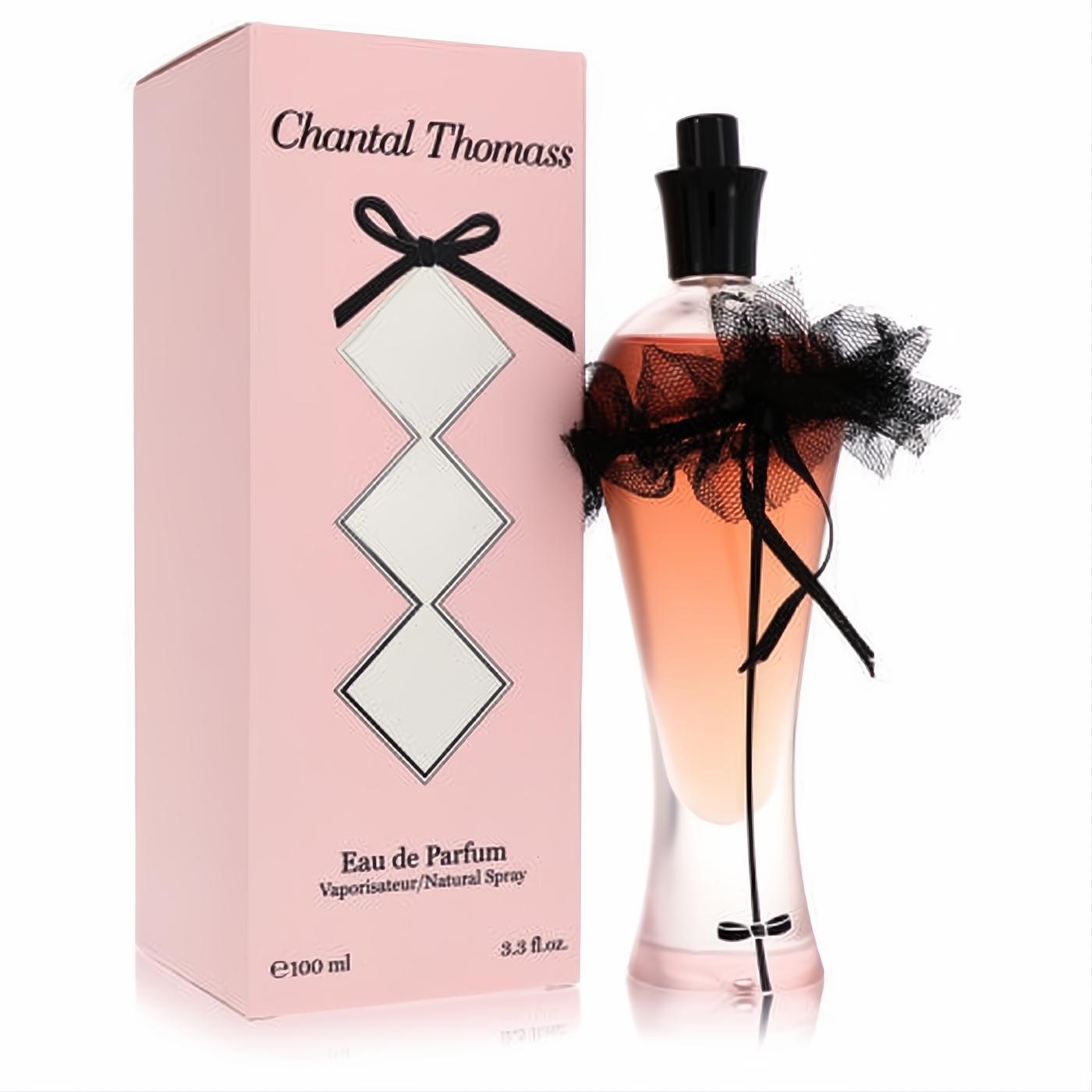 Chantal Thomass Pink 3.3 oz Eau de Parfum. Elegant pink bottle with black cap, delicate black ribbon, and tulle bow. Chic pink box.