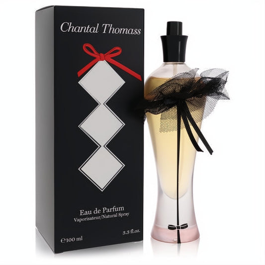Chantal Thomass 3.3 oz Eau De Parfum spray, featuring an elegant curved bottle with black tulle bow and a sophisticated black box.