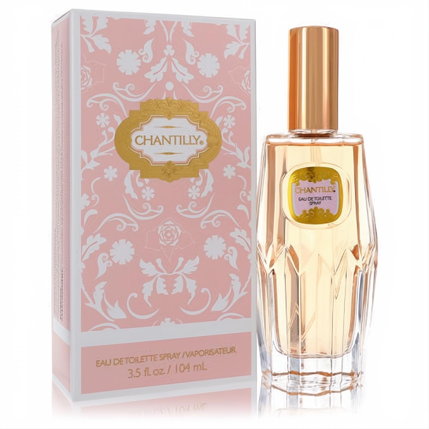 Discover Chantilly by Dana 3.5 oz EDT. A stunning faceted glass bottle with gold cap and its ornate pink floral box.
