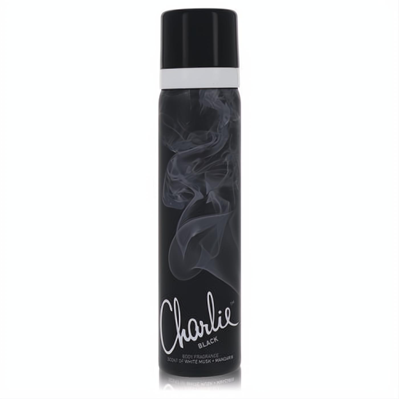 Revlon Charlie Black body spray can, featuring a sleek black design with swirling smoke graphics and crisp white branding.