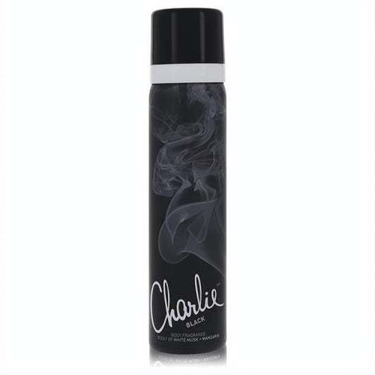 Revlon Charlie Black body spray can, featuring a sleek black design with swirling smoke graphics and crisp white branding.