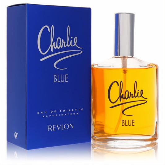 Revlon Charlie Blue 3.4 oz EDT spray: amber fragrance in a sleek clear glass bottle with silver cap, next to its vibrant royal blue box.