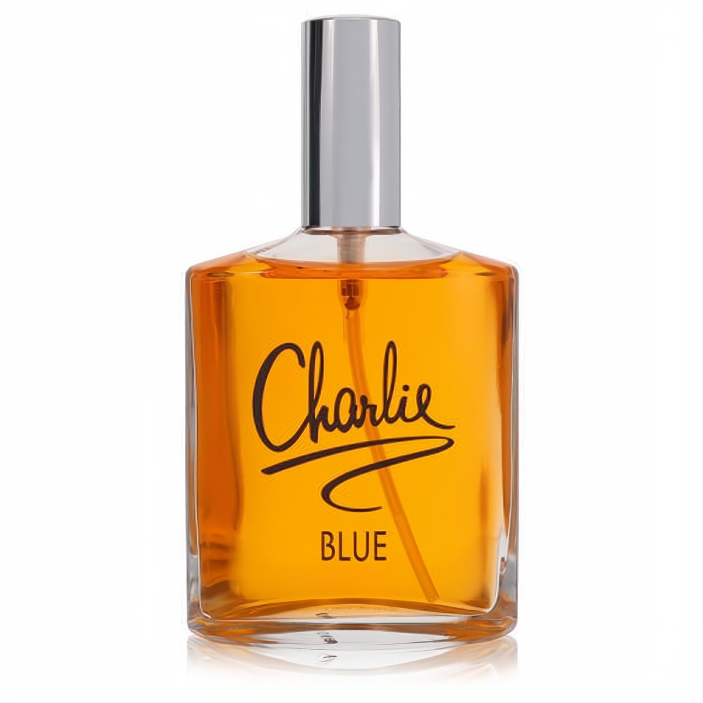 Revlon Charlie Blue 3.4 oz women's EDT spray. Classic clear glass bottle with warm amber fragrance and sleek silver cap.