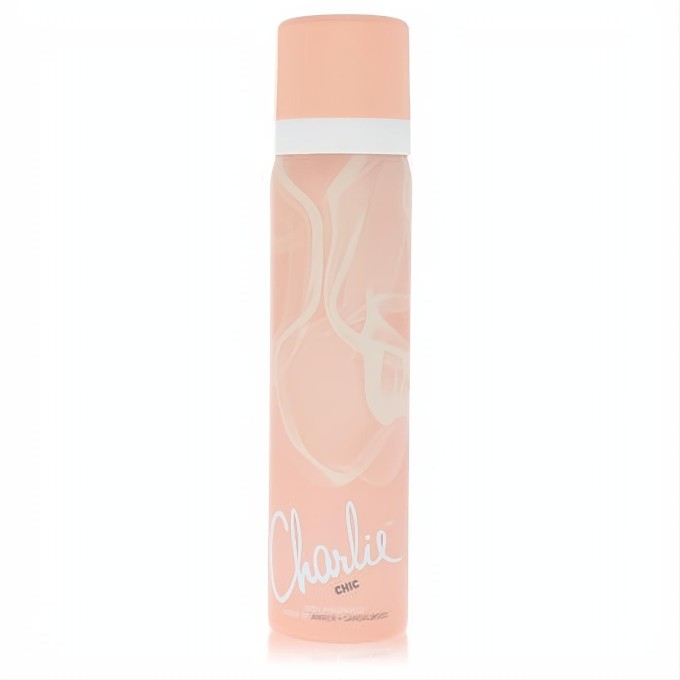 Elegant Revlon Charlie Chic body spray. Peach aerosol can with graceful white swirls and a matching cap, exuding modern femininity.