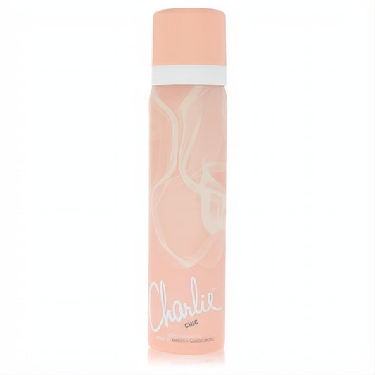 Elegant Revlon Charlie Chic body spray. Peach aerosol can with graceful white swirls and a matching cap, exuding modern femininity.