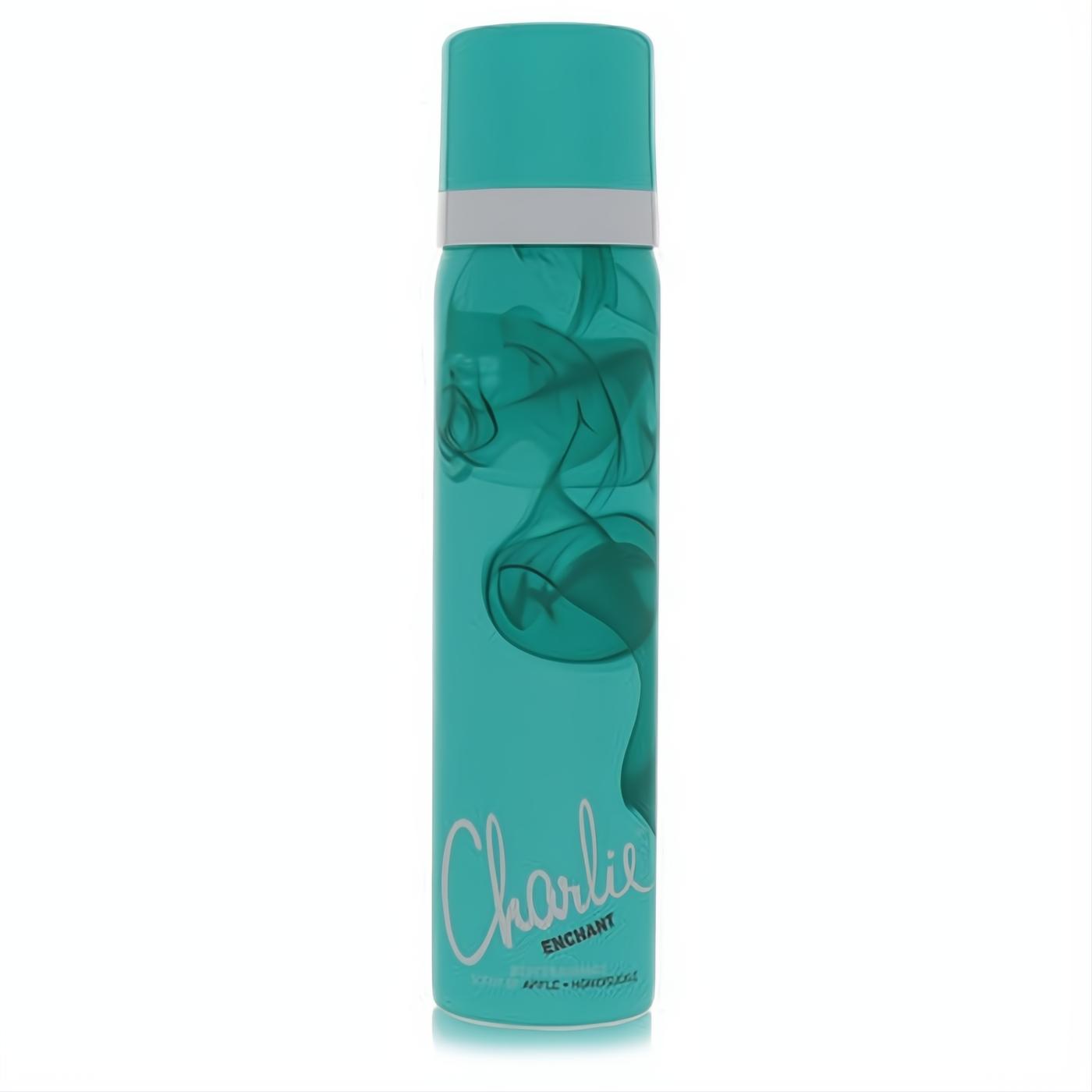 Charlie Enchant by Revlon body spray: vibrant teal aerosol can with elegant white script and subtle smoky design.