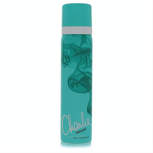 Charlie Enchant by Revlon body spray: vibrant teal aerosol can with elegant white script and subtle smoky design.