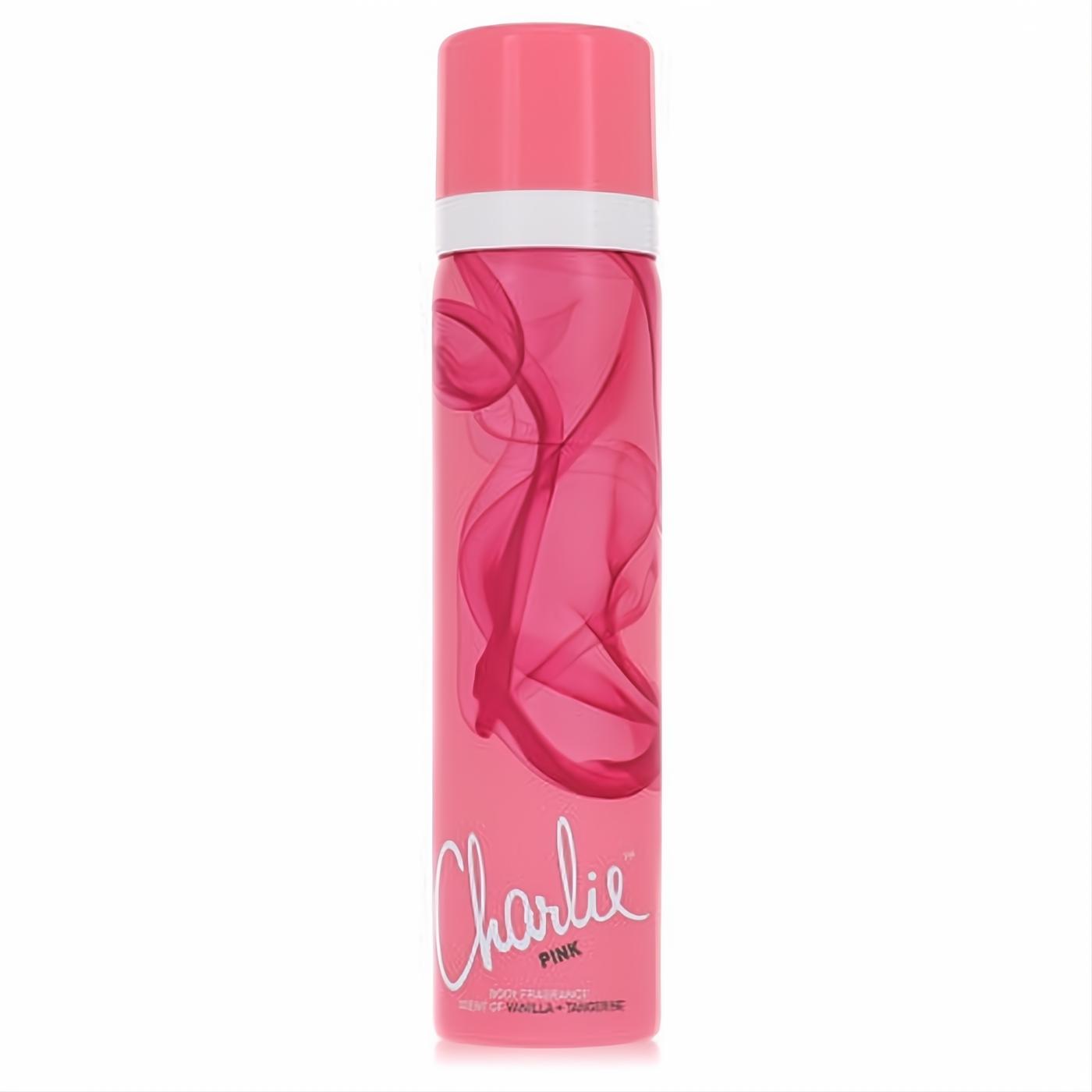 Sleek pink Revlon Charlie Pink body spray can with a modern smoky design and white cap accent. Features vanilla + tangerine notes.