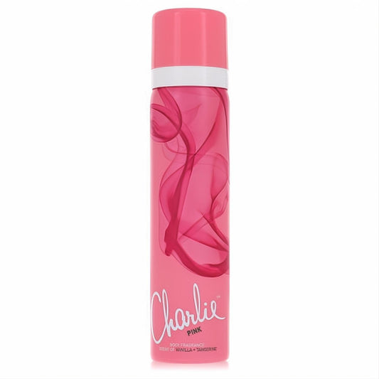 Sleek pink Revlon Charlie Pink body spray can with a modern smoky design and white cap accent. Features vanilla + tangerine notes.