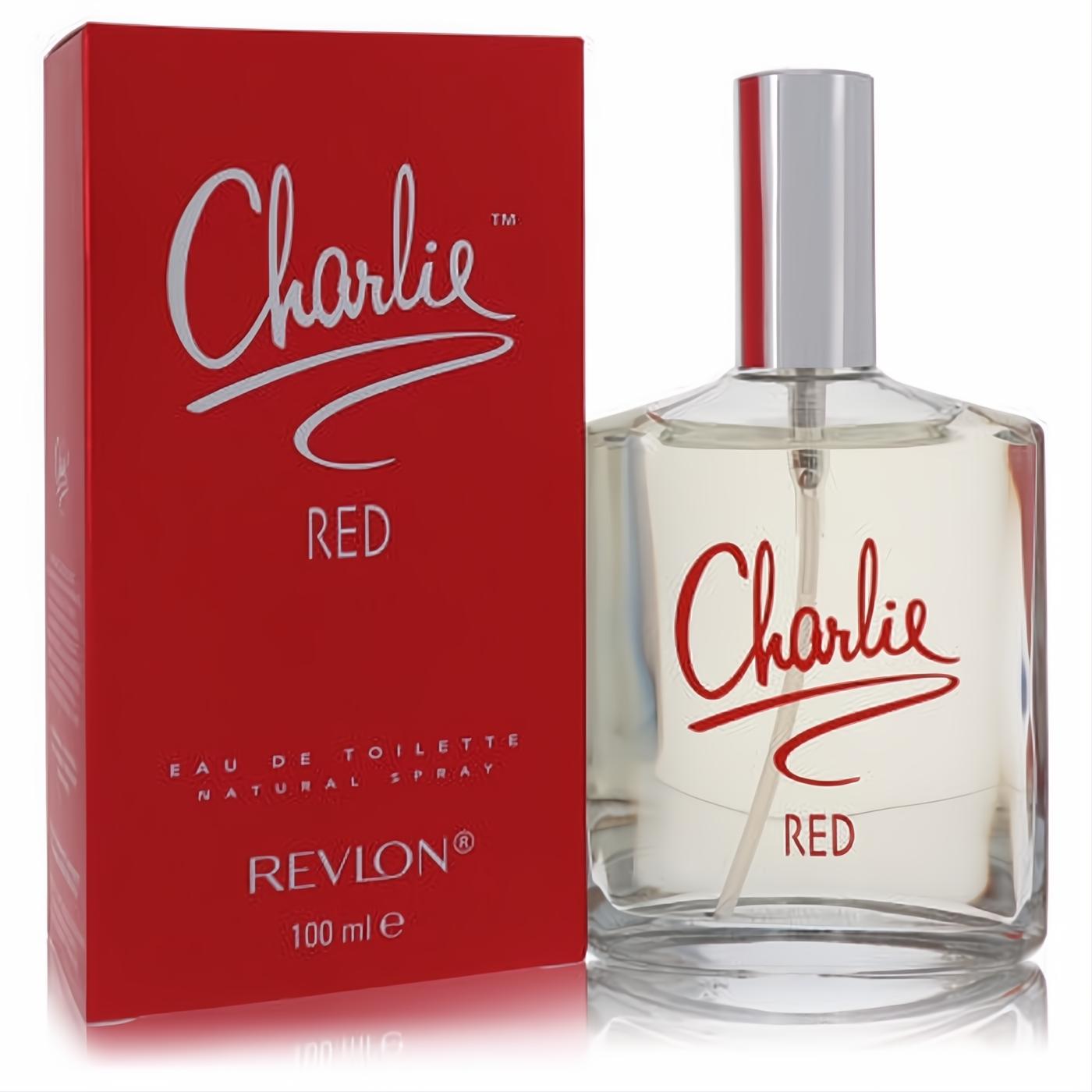 Charlie Red by Revlon 100ml EDT spray: a sleek clear glass bottle with silver cap, beside its vibrant red branded box.