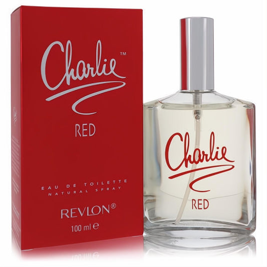 Charlie Red by Revlon 100ml EDT spray: a sleek clear glass bottle with silver cap, beside its vibrant red branded box.