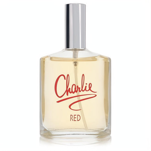 Iconic Revlon Charlie Red 3.4 oz women's fragrance. Clear glass bottle, radiant amber liquid, silver cap, bold red logo.