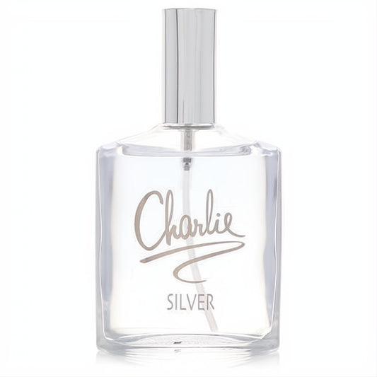 Charlie Silver by Revlon 3.4 oz women's EDT. Clear glass bottle, sleek silver cap, and metallic script branding.