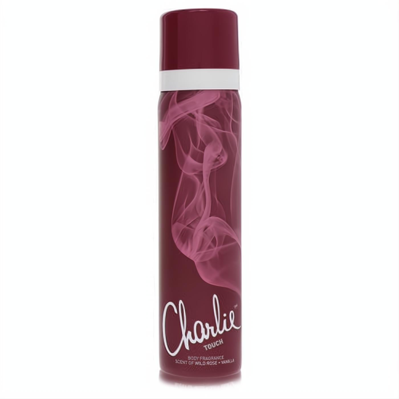 Charlie Touch Revlon 2.5 oz body spray. Seductive burgundy can features pink smoke design, white script, and wild rose + vanilla scent.