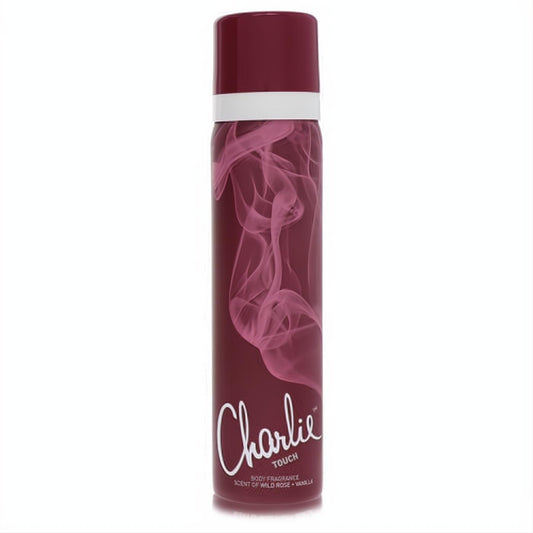 Charlie Touch Revlon 2.5 oz body spray. Seductive burgundy can features pink smoke design, white script, and wild rose + vanilla scent.