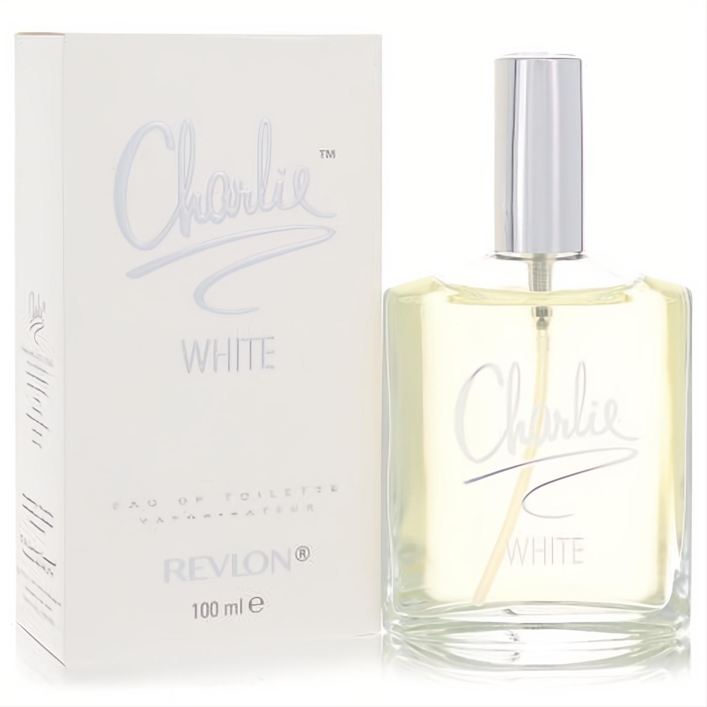 Revlon Charlie White 3.4 oz EDT spray: clear glass bottle with pale yellow fragrance, sleek silver cap, and elegant white box.