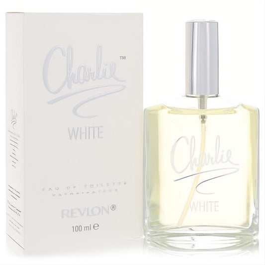 Revlon Charlie White 3.4 oz EDT spray: clear glass bottle with pale yellow fragrance, sleek silver cap, and elegant white box.
